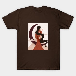 Celestial woman art, Moon art, Woman with long dark hair, Witchy aesthetic, Feminine art, Girl power T-Shirt